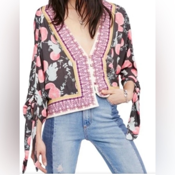 Free People Tops - Free People Boho Freshly Squeezed Citrus Tie Sleeve Button Top Womens Size XS